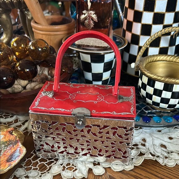 Vintage Silver Metal & Red Lucite Box Bag - Picture 1 of 10